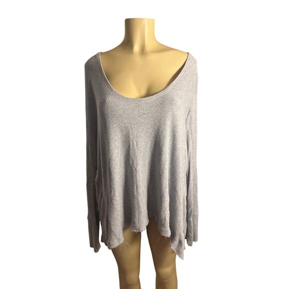Wmen L We The Free People Scoop Neck Malibu Gray Waffle Tee Shirt Top Long Slv - Picture 2 of 6